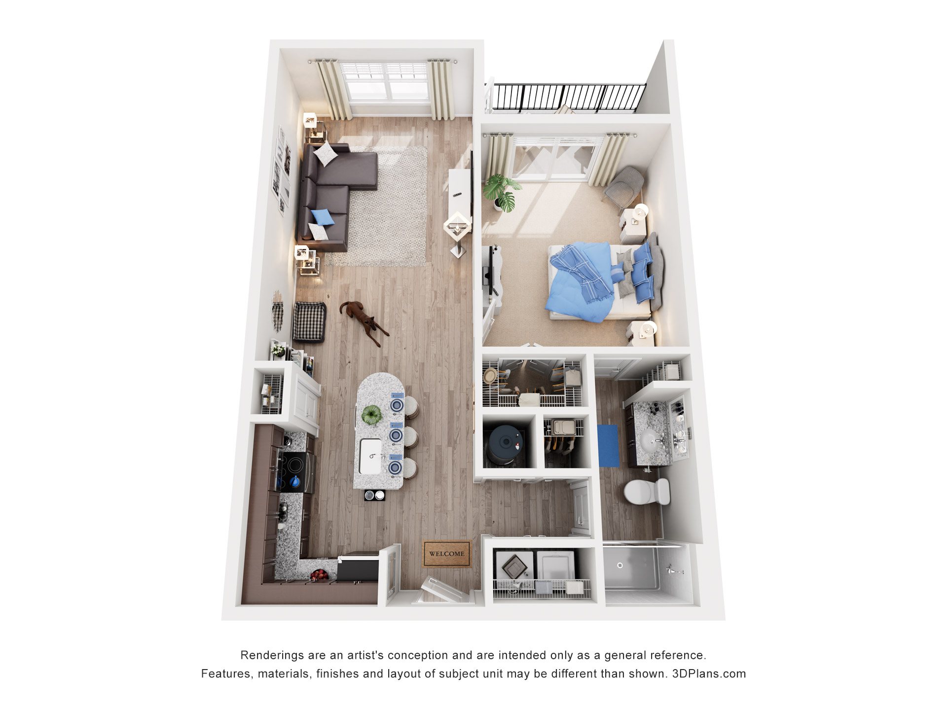 Floor plan for 1 bed, 1 bath, 752 sqft